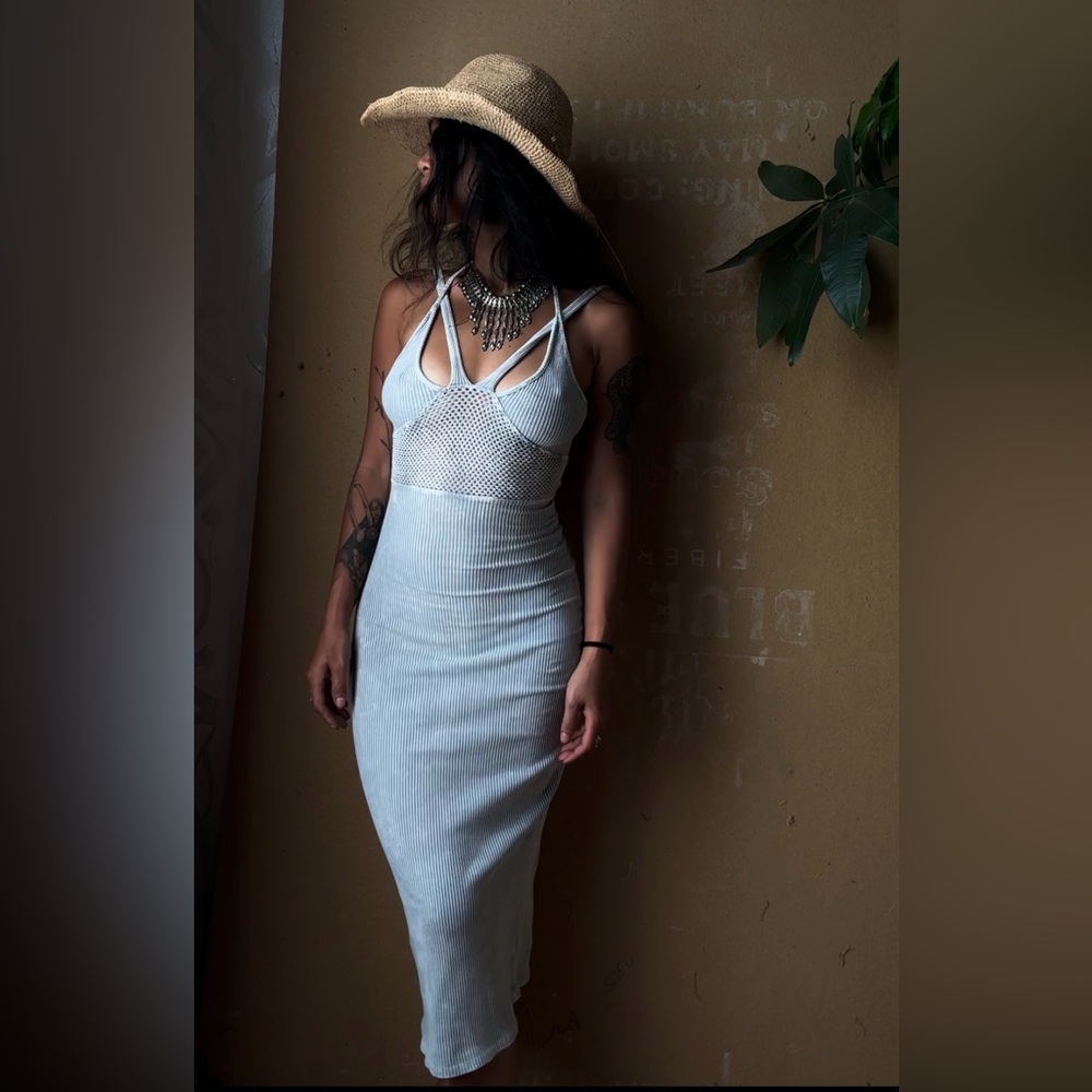 Zhinh - Axis Dress Light grey/blue reversible  Ribbed Dress- 100% cotton- New